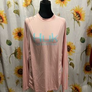 Huk Men's Long Sleeve Performance Shirt - Pink with Aqua Logo